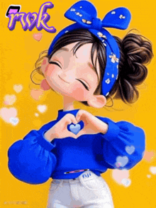 a cartoon girl in a blue shirt is making a heart shape with her hands .