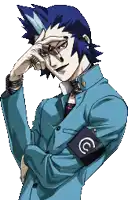 a pixel art drawing of a man with blue hair and a black armband with the letter c on it