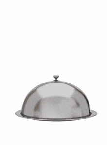 a little girl is sitting on a silver tray under a silver dome