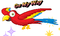 a cartoon parrot flying with the words on my way written on its wing