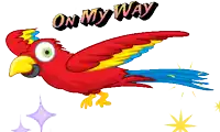 a cartoon parrot flying with the words on my way written on its wing