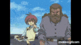 a man and a girl are standing next to each other in a cartoon scene .