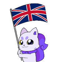 a cartoon cat holding a british flag with the letter b on it