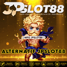 a poster for jpslot88 with a cartoon of zeus on it