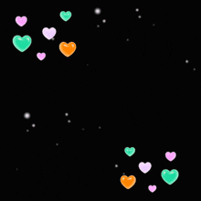 a black background with arabic writing and hearts floating around