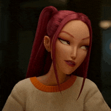 a cartoon girl with red hair is wearing a white and orange sweater