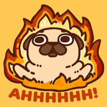 a cartoon of a pug with flames around it and the words ahhhh