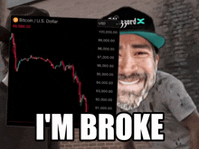 a man with a beard is smiling in front of a bitcoin chart