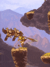 a pixel art of a person holding a spear with birds flying around