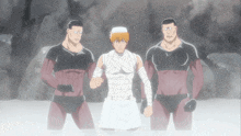 a man with bandages on his arms is surrounded by two men