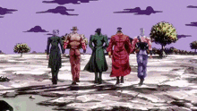 a group of cartoon characters are walking in a field