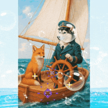 a husky and a fox are in a boat in the ocean