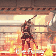 a picture of a woman holding a gun with the words die furry on it