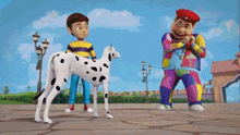 two cartoon characters are standing next to a dalmatian dog .