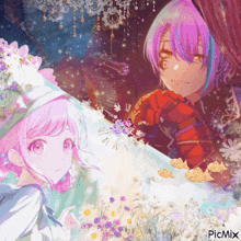 a girl with pink hair is standing next to a boy with purple hair .