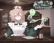 a nurse with horns is holding a syringe in front of a sign that says anime nightmare