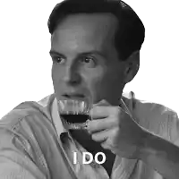 a man drinking a cup of coffee with the word i do written below him