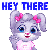 a cartoon bunny says hey there with a pink bow on her ears