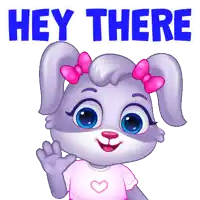 a cartoon bunny says hey there with a pink bow on her ears