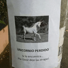 a poster with a picture of a unicorn and the words " unicornio perdido "