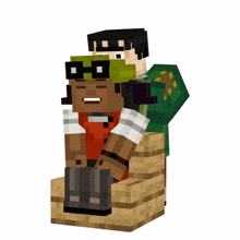 two minecraft characters are sitting on a stack of blocks