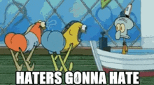 a cartoon of spongebob and squidward from spongebob squarepants standing next to each other .