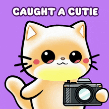a cartoon cat is holding a camera with the words caught a cutie above it
