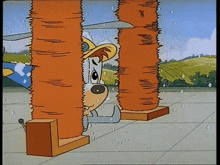 a cartoon of a dog wearing a yellow hat behind a pillar