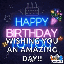 it is a neon sign that says `` happy birthday wishing you an amazing day ! ''