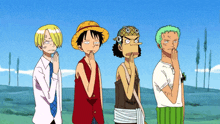 a group of anime characters standing next to each other with their hands to their faces