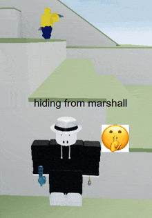 a cartoon character is hiding from marshall with a smiley face next to him