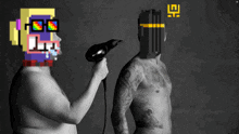 a man blow drying another man 's hair with a pixelated face behind him