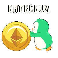 a penguin is holding a gold coin with the word ethereum written on it