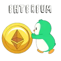 a penguin is holding a gold coin with the word ethereum written on it