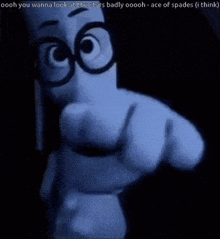 a cartoon character with glasses pointing at the camera