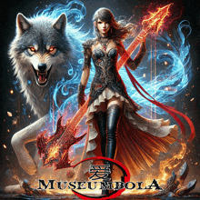 a painting of a woman holding a guitar with a wolf behind her and the words museumbola on the bottom