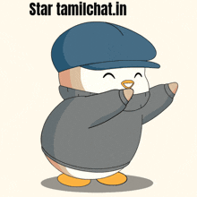 a cartoon penguin wearing a hat and a sweater with the words star tamilchat.in below it