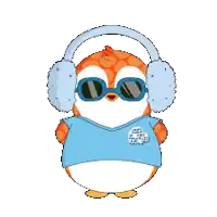 a cartoon penguin wearing ear muffs and a blue shirt
