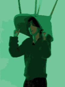 a person wearing a hat with a chair on top of it