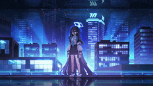 a girl stands in front of a futuristic city with the number 70 on the top of a building