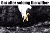 a cartoon of a man flying through the air with the words `` oni after soloing the wither '' above him .