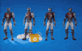 four warriors are standing next to a yellow trash can with a recycling symbol on it