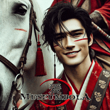 a man in a red kimono stands next to a white horse with museumbola written on the bottom right