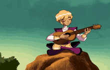 a cartoon character playing a guitar on a rock