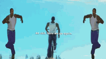 a man in a white tank top is running down stairs .