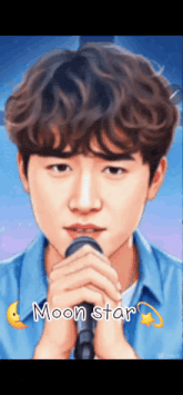 a cartoon of a young man singing into a microphone with the words moon star written below him