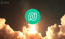 a rocket is being launched with a green circle with a letter n on it