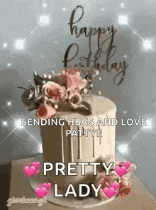 a happy birthday greeting card with a cake and flowers on it .