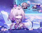 a little girl with purple hair is sitting on a bench with flowers in her hair