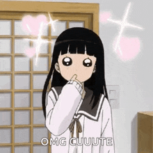 a girl with long black hair is standing in front of a window with hearts and stars .